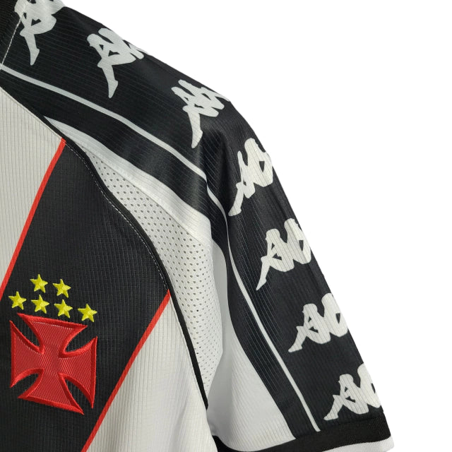 Camisa Vasco da Gama I Retrô 2000 - Kappa Torcedor Masculina - Branca com a faixa em preto e detalhes em amarelo e vermelho