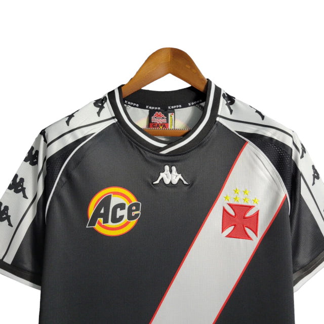 Camisa Vasco da Gama I Retrô 2000 - Kappa Torcedor Masculino - Preta com faixa branca e detalhes em amarelo e vermelho